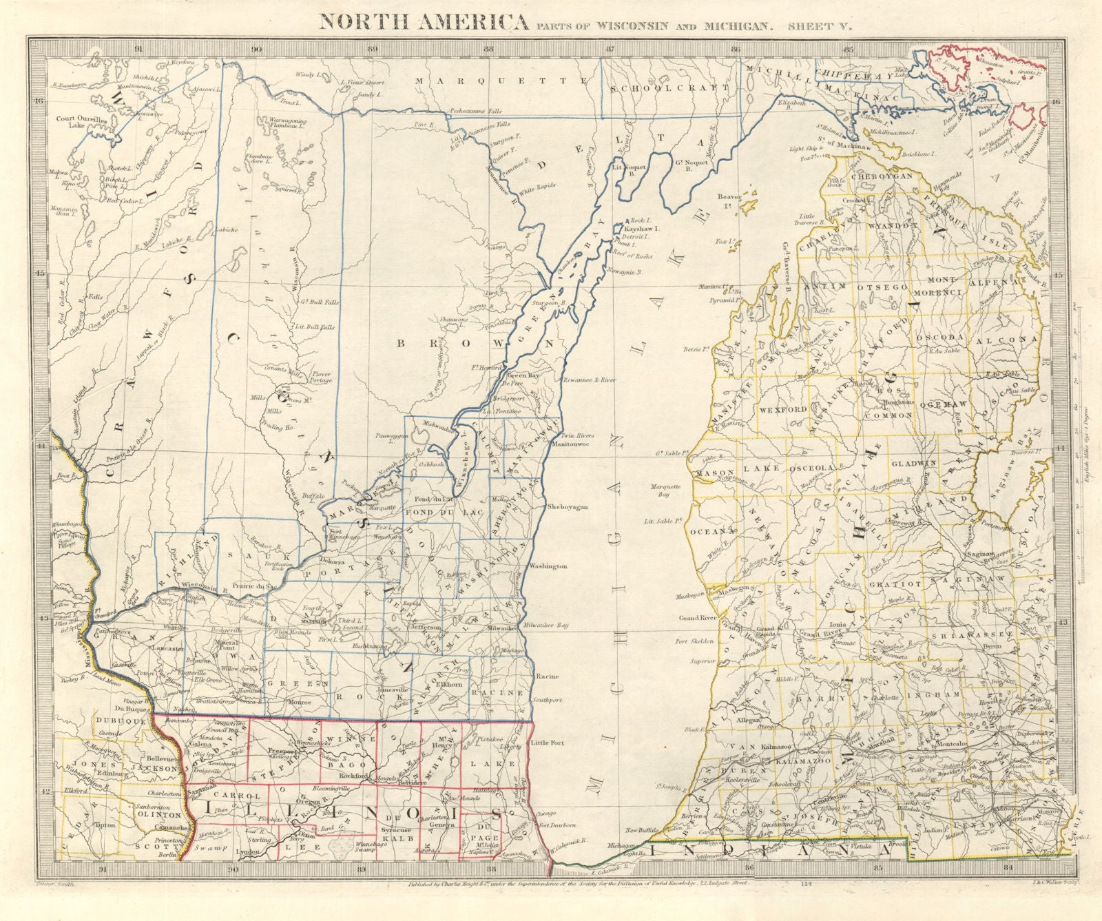 LAKE MICHIGAN. Wisconsin. Michigan excludes Upper Peninsula. SDUK 1846 old map